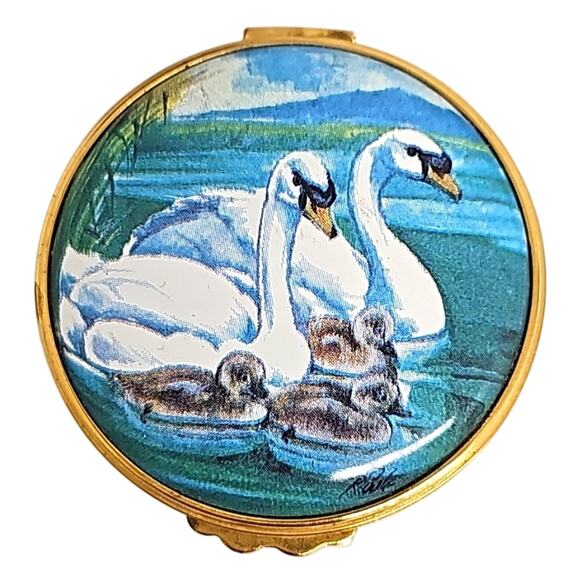 Kingsley Enamels Vintage Swan Hinged Jewelry Trinket Box Teal White 2.25" Dia. - Picture 1 of 8
